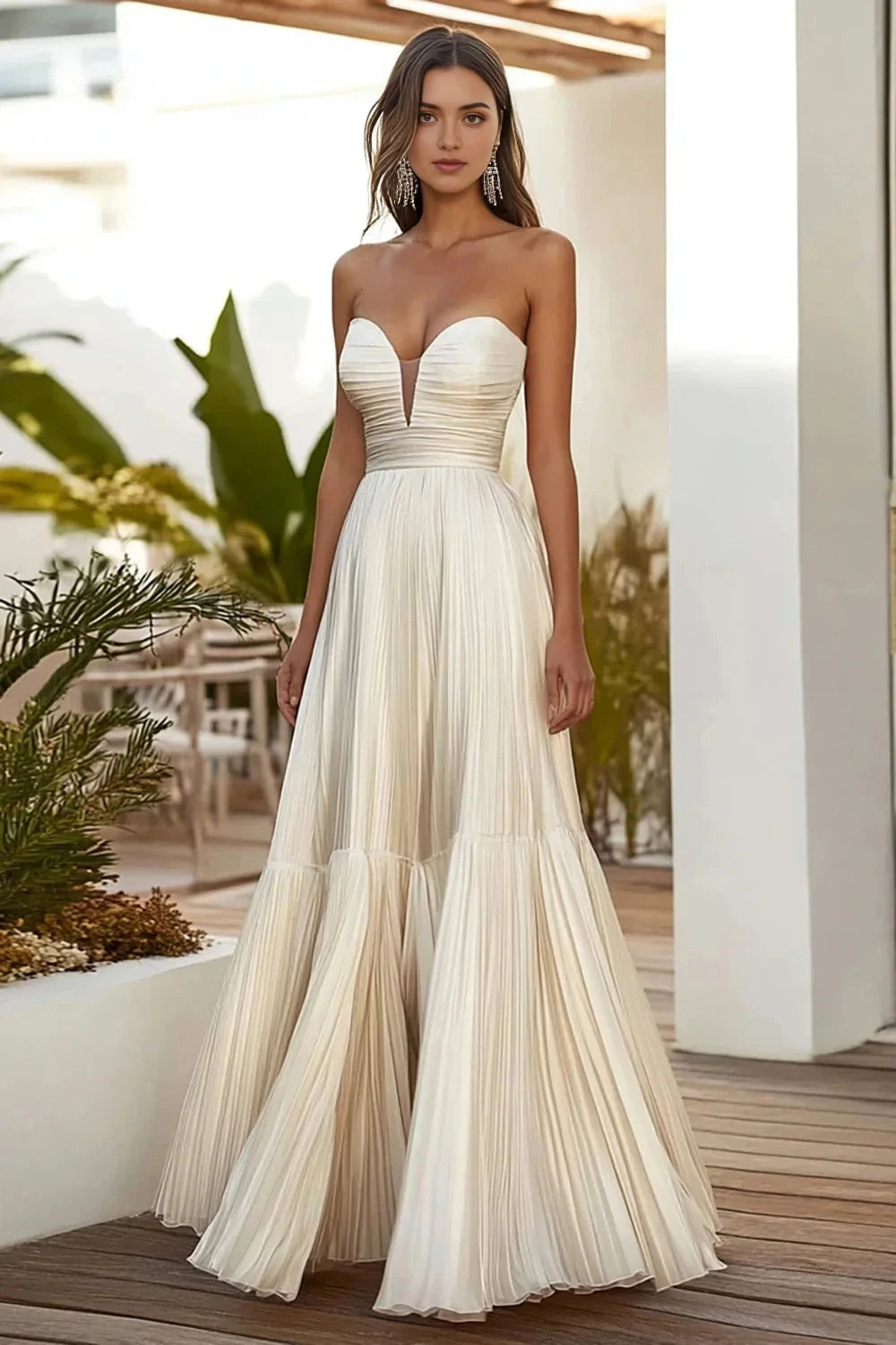Ivory Strapless Pleated Evening Gown Champagne A Line Strapless Pleated Long Wedding Guest Dress Evening Dress by YiHuiw