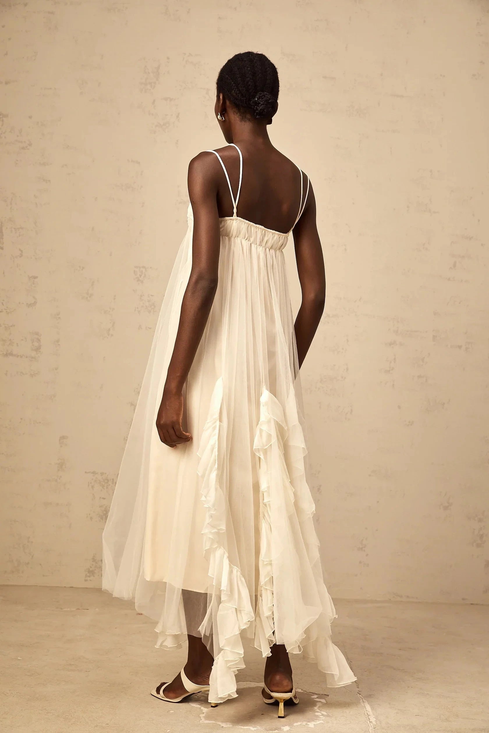 Ivory Tulle Ruffled Maxi Dress with Thin Straps layered ruffled tulle maxi dress in Neutrals Evening Dress by YiHuiw