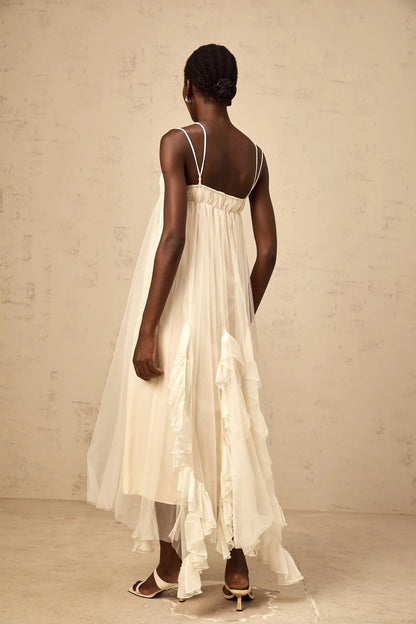Ivory Tulle Ruffled Maxi Dress with Thin Straps layered ruffled tulle maxi dress in Neutrals Evening Dress by YiHuiw