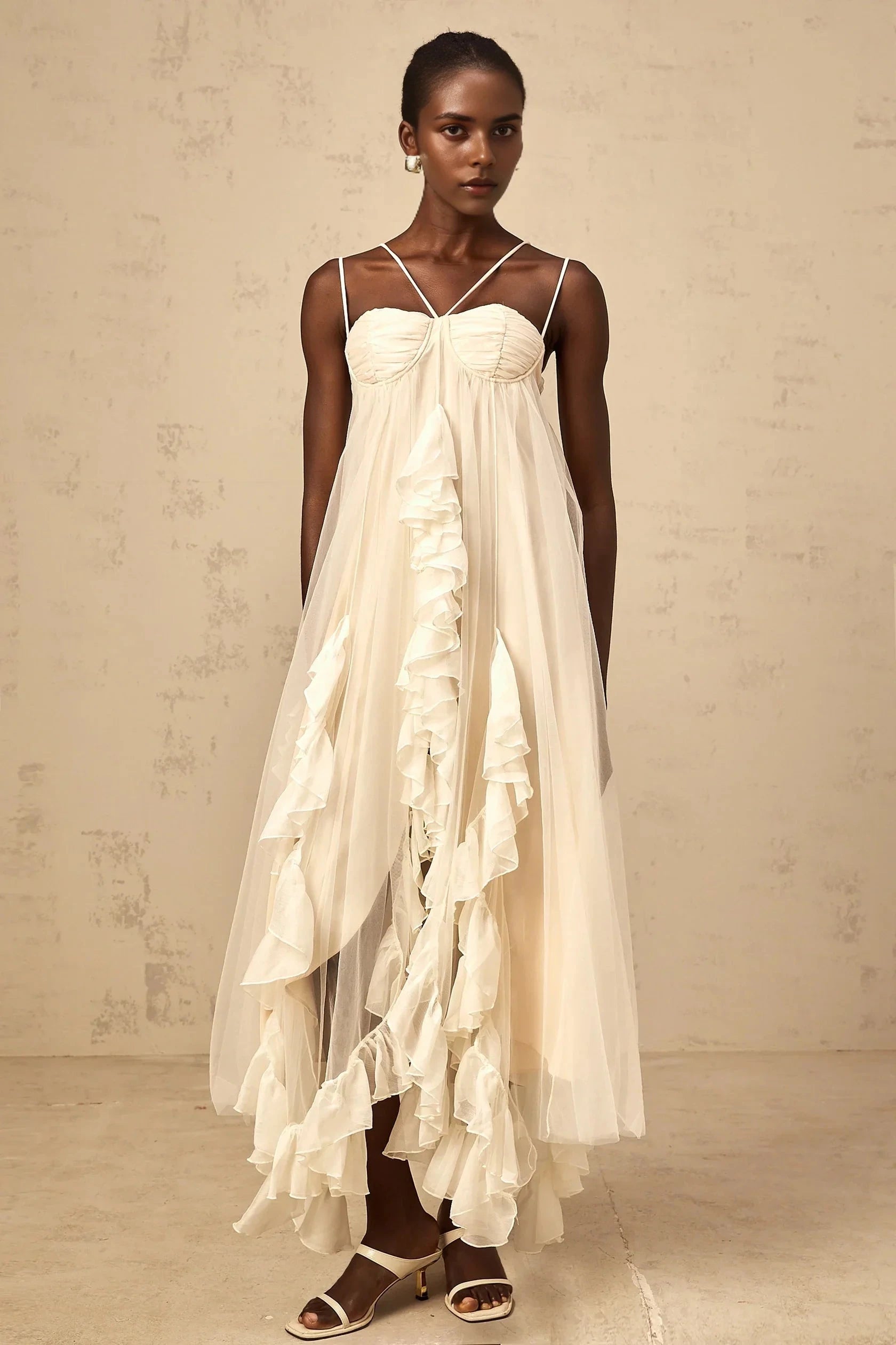 Ivory Tulle Ruffled Maxi Dress with Thin Straps layered ruffled tulle maxi dress in Neutrals Evening Dress by YiHuiw