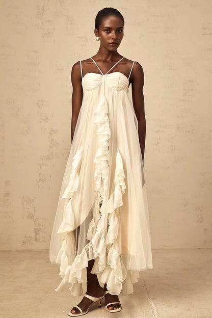 Ivory Tulle Ruffled Maxi Dress with Thin Straps layered ruffled tulle maxi dress in Neutrals Evening Dress by YiHuiw