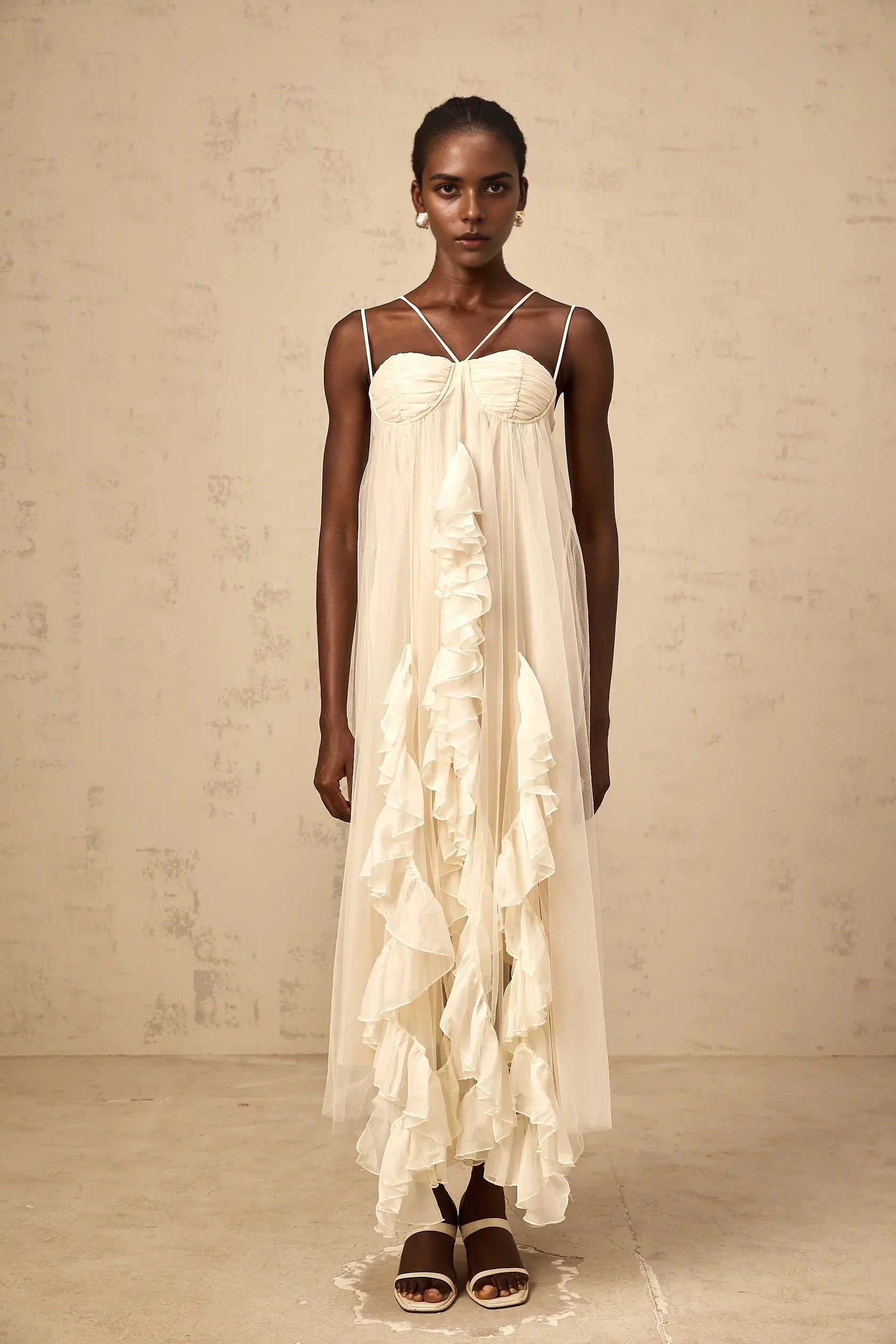 Ivory Tulle Ruffled Maxi Dress with Thin Straps layered ruffled tulle maxi dress in Neutrals Evening Dress by YiHuiw