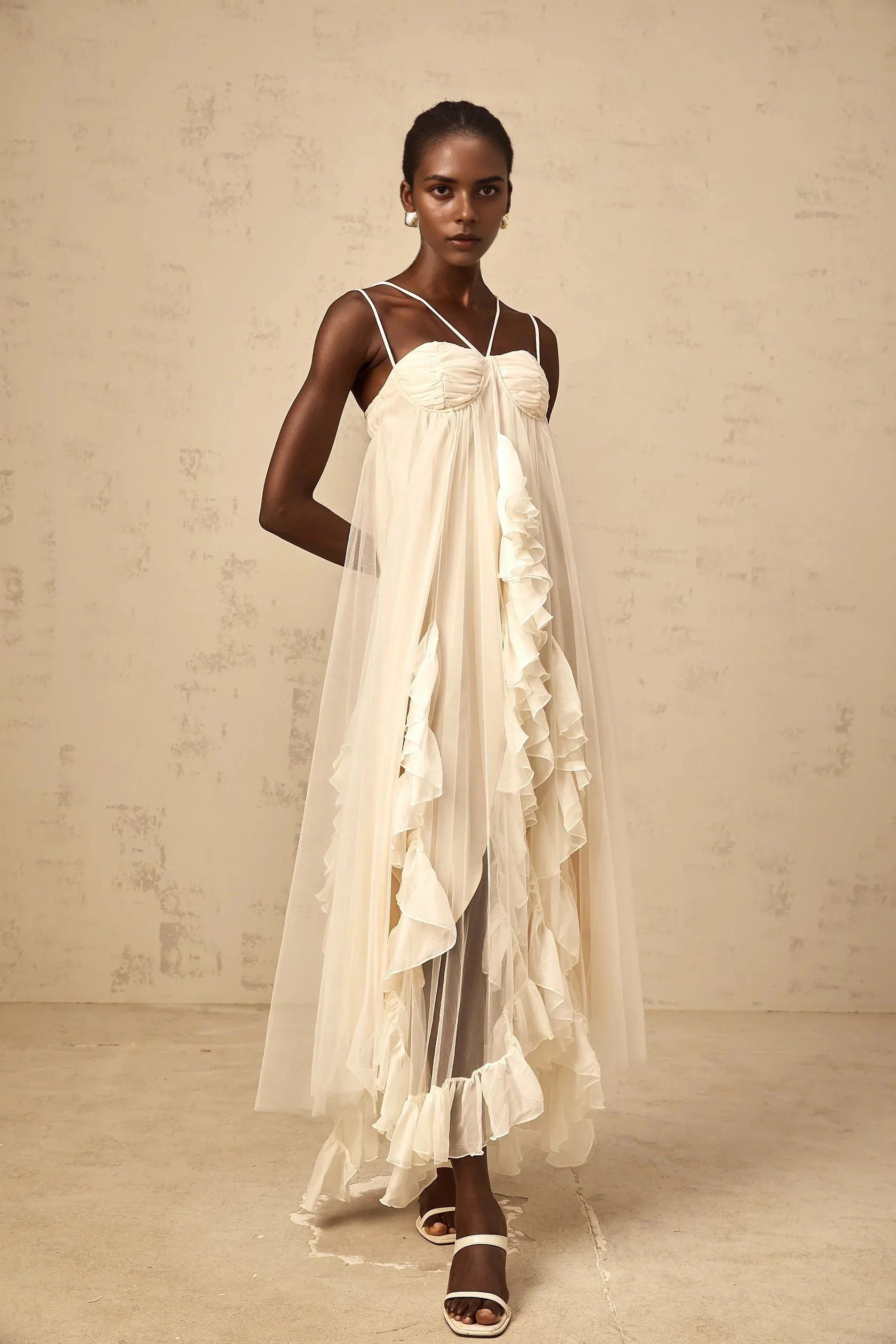 Ivory Tulle Ruffled Maxi Dress with Thin Straps layered ruffled tulle maxi dress in Neutrals Evening Dress by YiHuiw