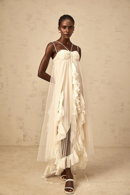 Ivory Tulle Ruffled Maxi Dress with Thin Straps layered ruffled tulle maxi dress in Neutrals Evening Dress by YiHuiw