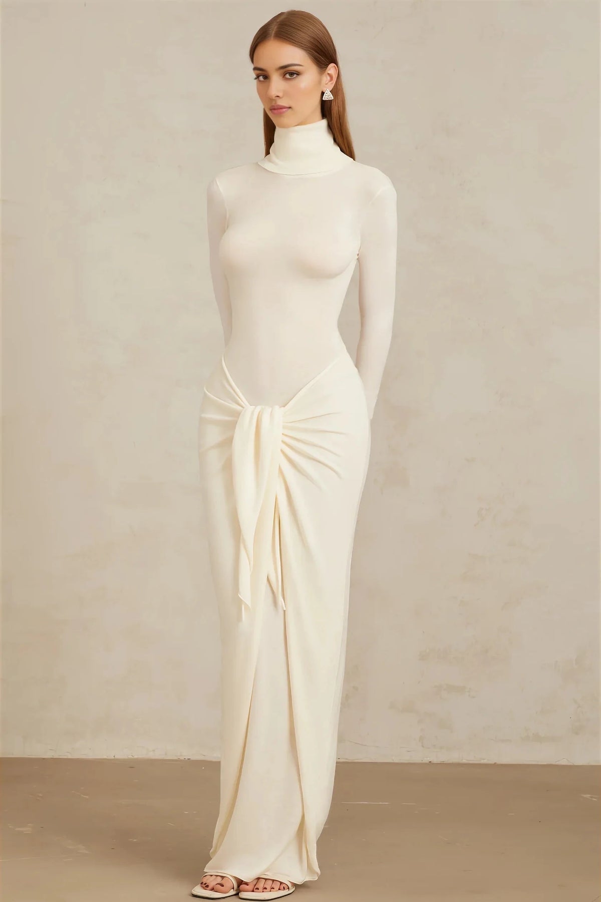 Ivory Turtleneck Maxi Dress with Draped Front Detail White Ruched Turtleneck Maxi Dress Evening Dress by YiHuiw