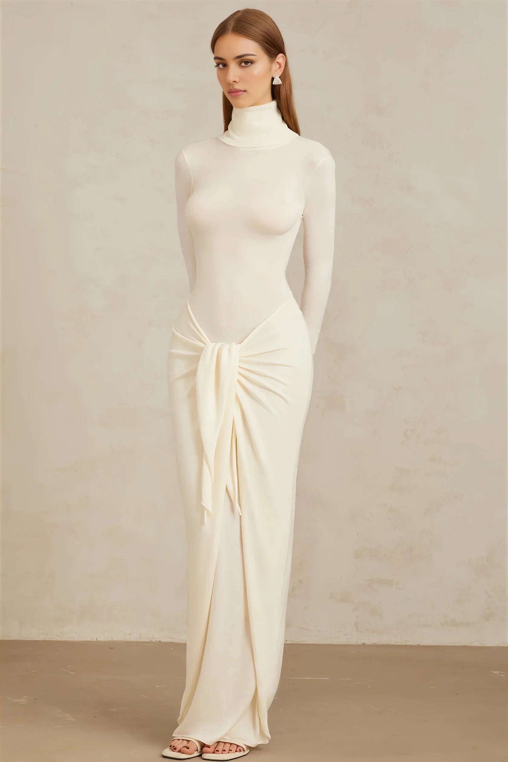 Ivory Turtleneck Maxi Dress with Draped Front Detail White Ruched Turtleneck Maxi Dress Evening Dress by YiHuiw