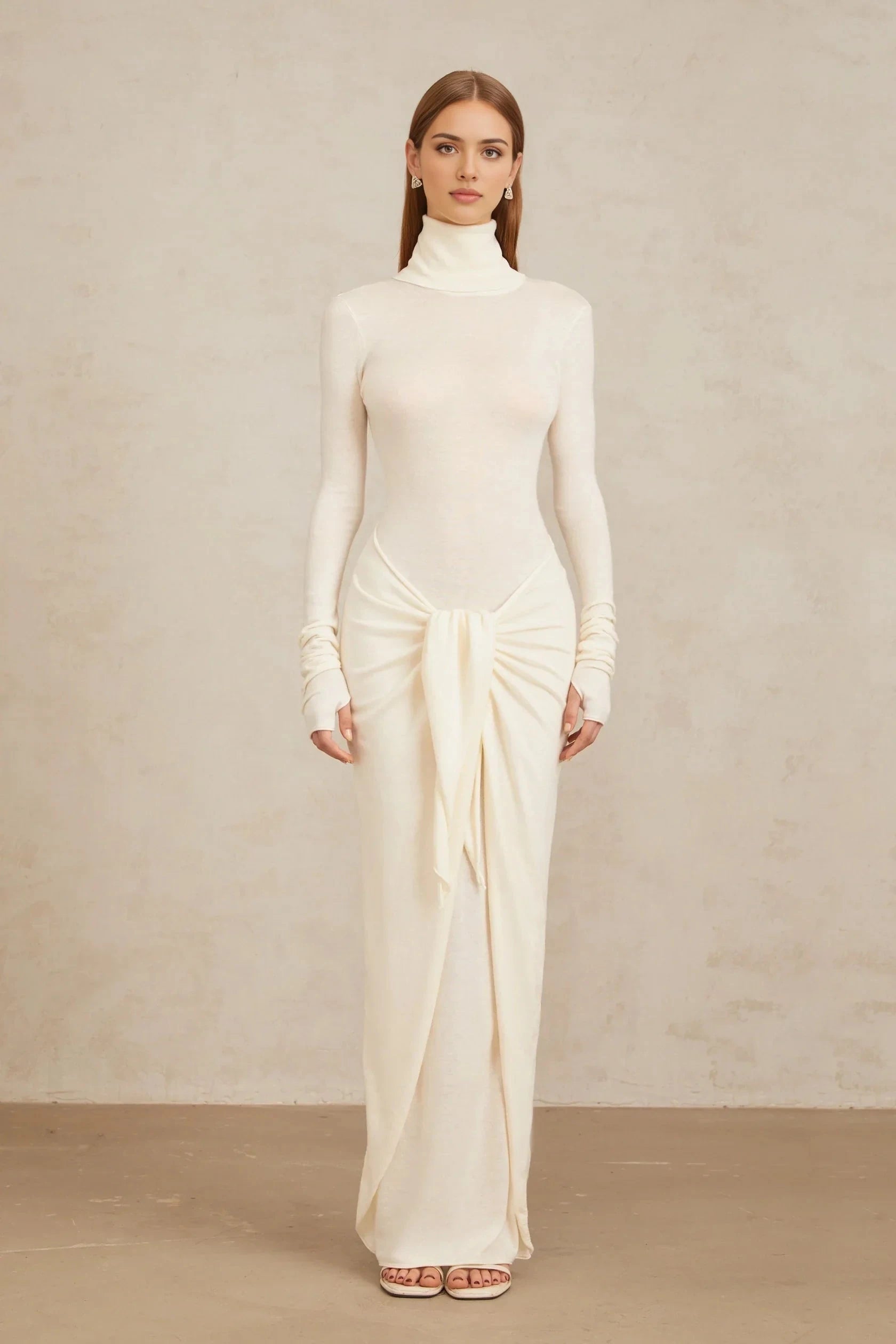 Ivory Turtleneck Maxi Dress with Draped Front Detail White Ruched Turtleneck Maxi Dress Evening Dress by YiHuiw