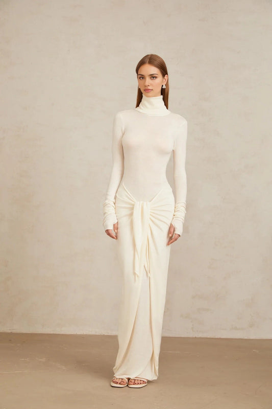 Ivory Turtleneck Maxi Dress with Draped Front Detail White Ruched Turtleneck Maxi Dress Evening Dress by YiHuiw