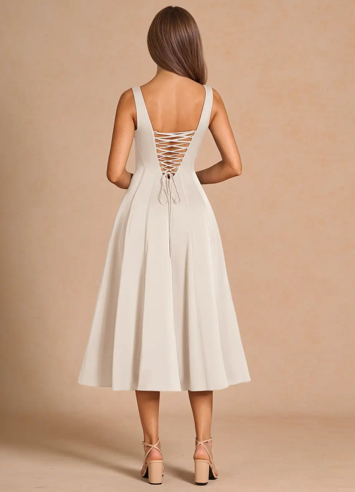 Ivory Square Neck Lace Lace-Up Back Midi Wedding Dress - Yihuiw by Yihuiw