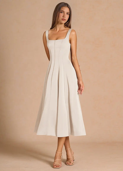Ivory Square Neck Lace Lace-Up Back Midi Wedding Dress - Yihuiw by Yihuiw