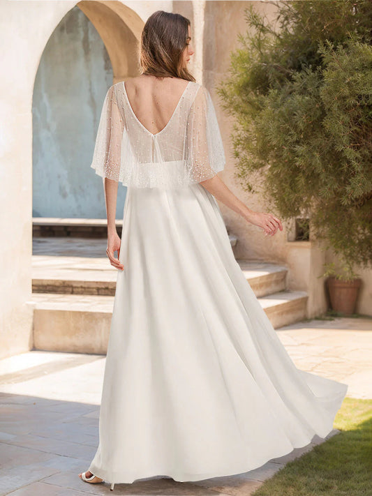Ivory Chiffon A-Line Wedding Dress with Detachable Pearl-Embellished Tulle Capelet, Plunging V-Neck & Low V-Back