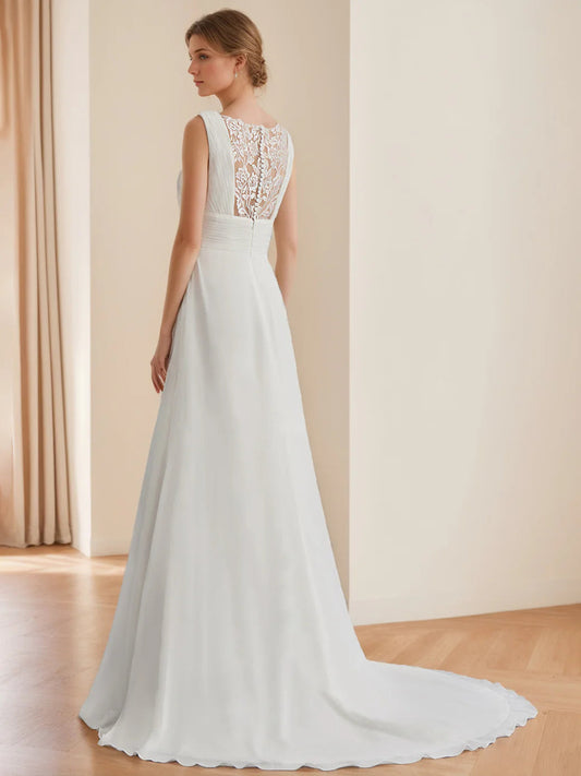 Ivory Chiffon A-Line Wedding Dress with Plunging V-Neck, Ruched Bodice, Lace Back Panel & Sweep Train