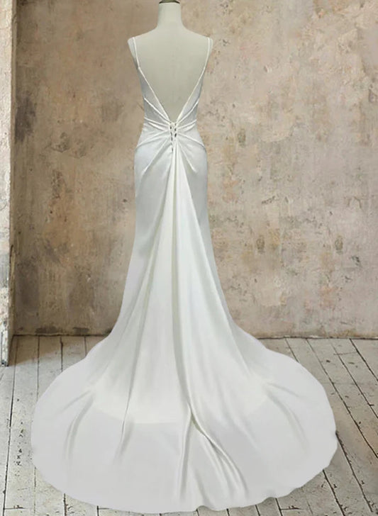 Ivory Satin Mermaid Wedding Dress with Plunging V-Neck, Low Open Back, Ruched Waist & Chapel Train