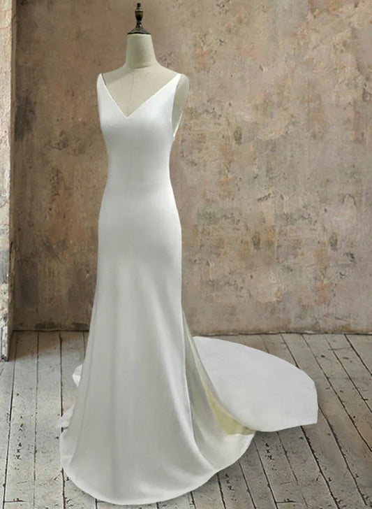 Ivory Satin Mermaid Wedding Dress with Plunging V-Neck, Low Open Back, Ruched Waist & Chapel Train