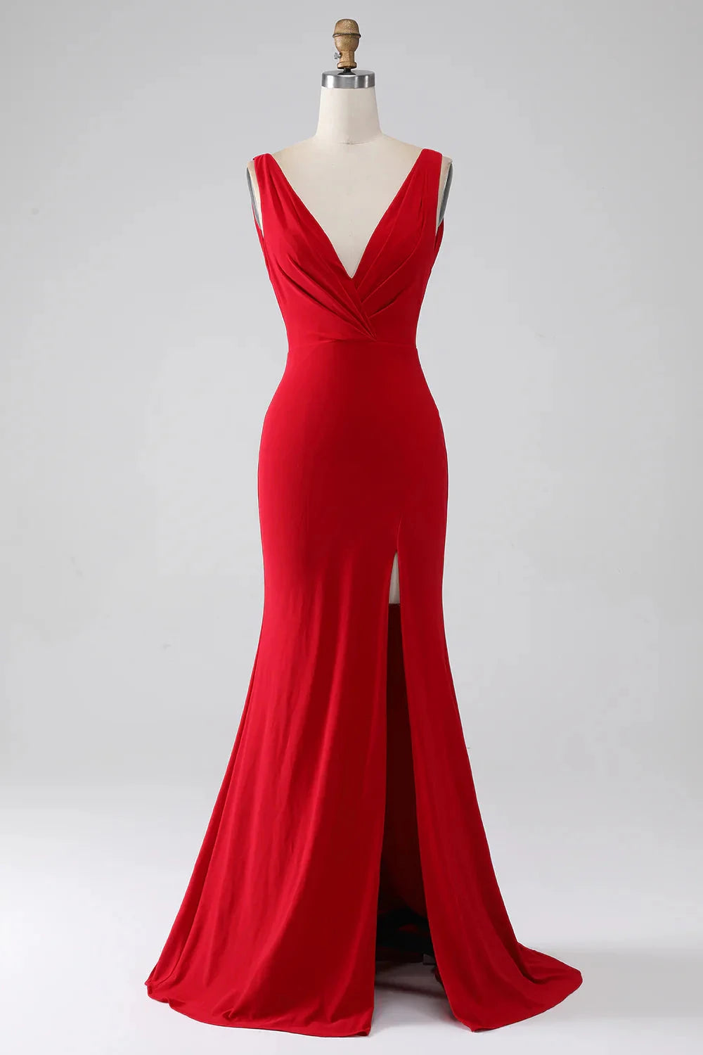 Elegante vestido de noche de punto con escote en V profundo, corte sirena, sin mangas, espalda drapeada, fruncido y cola