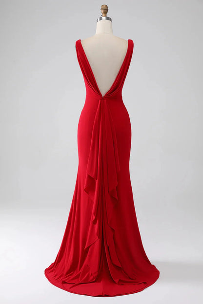Elegante vestido de noche de punto con escote en V profundo, corte sirena, sin mangas, espalda drapeada, fruncido y cola