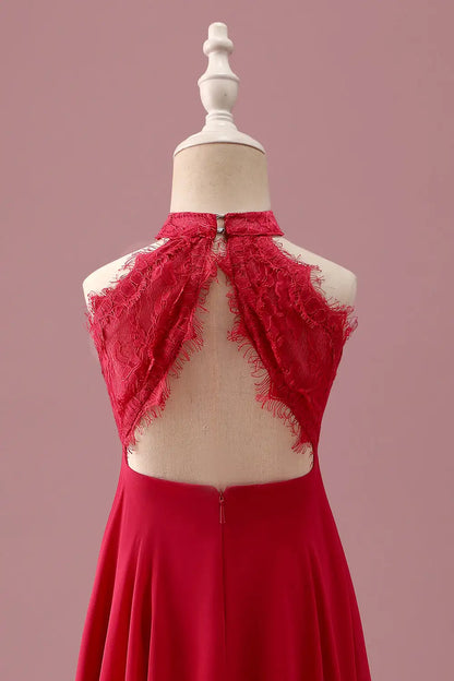 Red A-Line Halter Lace Sleeveless Backless Ruched Wedding Dress - Yihuiw by Yihuiw