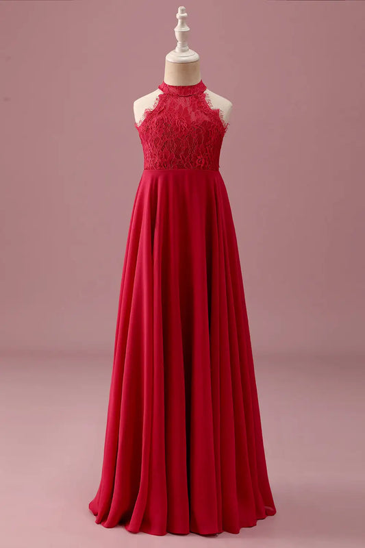 Red A-Line Halter Lace Sleeveless Backless Ruched Wedding Dress - Yihuiw by Yihuiw