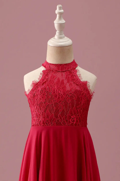 Red A-Line Halter Lace Sleeveless Backless Ruched Wedding Dress - Yihuiw by Yihuiw
