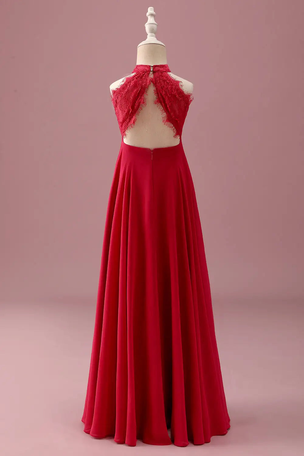 Red A-Line Halter Lace Sleeveless Backless Ruched Wedding Dress - Yihuiw by Yihuiw
