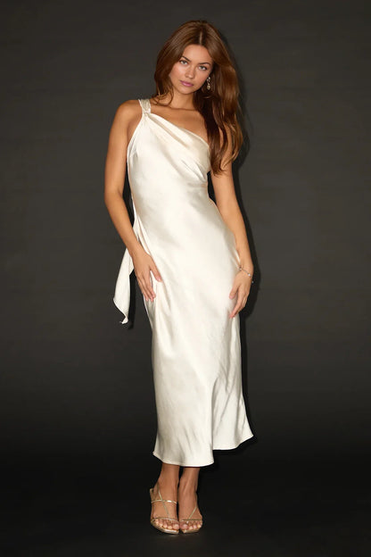 White Satin One-Shoulder Bias-Cut Midi Slip Dress