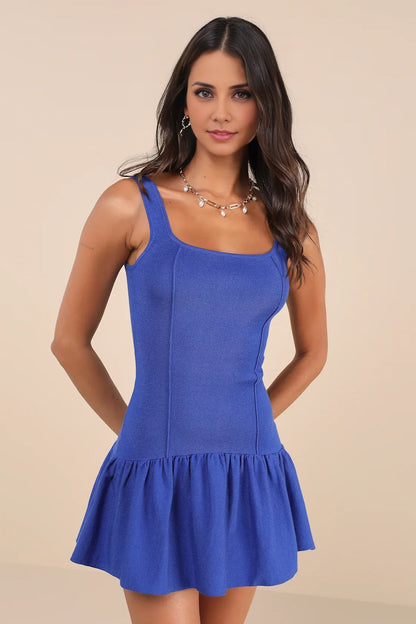 Royal Blue Square-Neck Ruffle-Hem Homecoming Dress