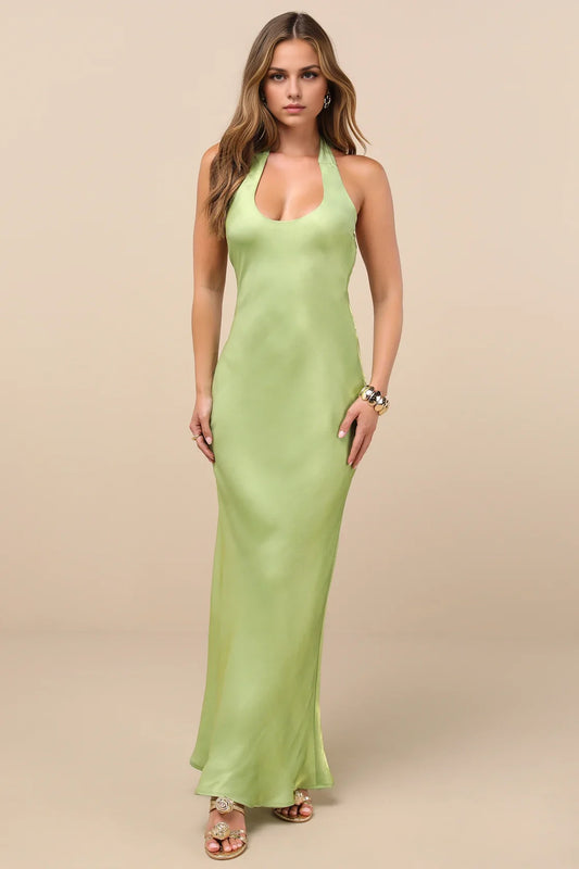 Light Green Satin Halter-Neck Cowl-Back Bias-Cut Maxi Dress
