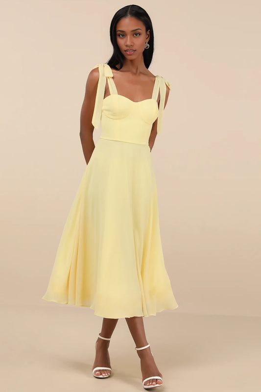 Pale Yellow Tie-Strap Sweetheart Chiffon Midi Dress