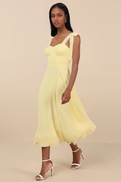 Vestido midi de gasa amarillo pálido con tirantes para anudar y escote corazón