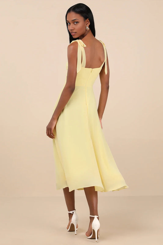 Pale Yellow Tie-Strap Sweetheart Chiffon Midi Dress
