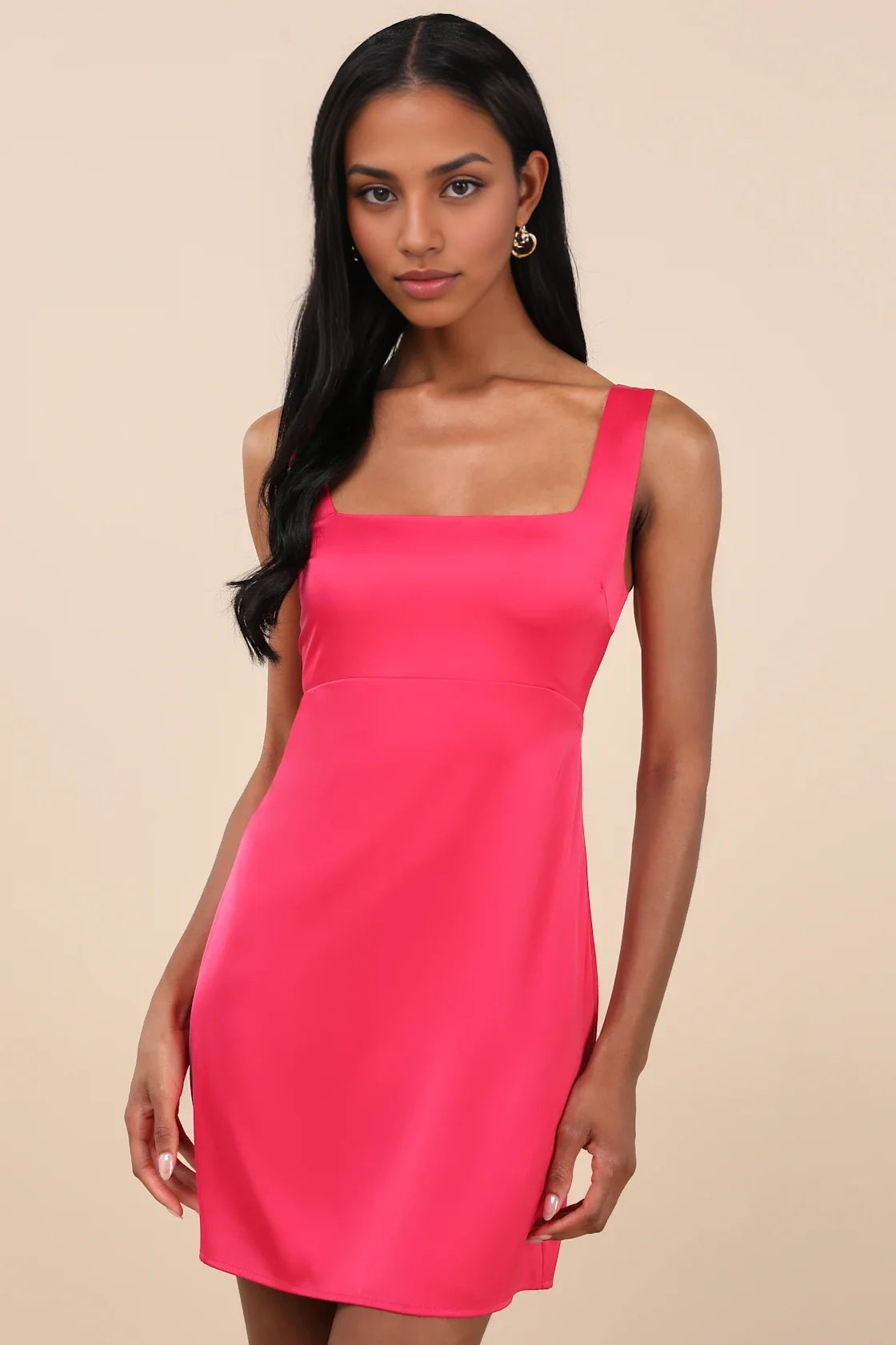 Hot Pink Satin Square-Neck A-Line Homecoming Dress