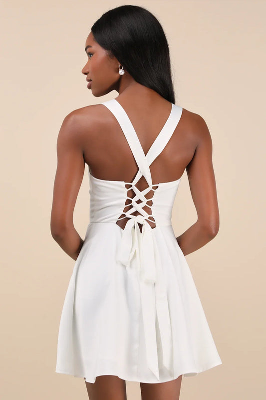 White Square-Neck Lace-Up Back Fit-and-Flare Homecoming Dress