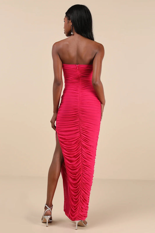 Fuchsia Strapless Ruched High-Slit Maxi Formal Dress