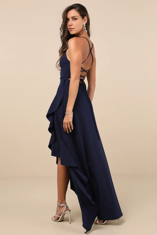Navy Blue Spaghetti-Strap High-Low Ruffle Chiffon Prom Dress