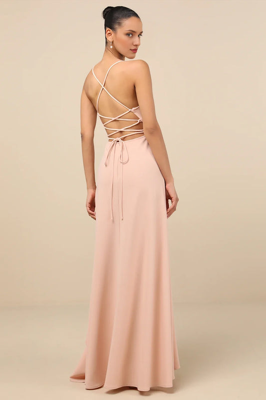 Blush Pink Spaghetti-Strap Lace-Up Back High-Low Chiffon Prom Dress