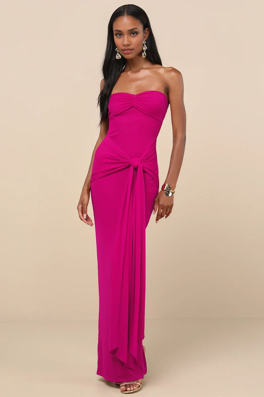 Fuchsia Strapless Sweetheart Tie-Front High-Slit Formal Dress