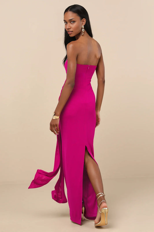 Fuchsia Strapless Sweetheart Tie-Front High-Slit Formal Dress