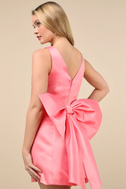 Pink Sleeveless V-Neck Satin Mini Dress with Oversized Back Bow
