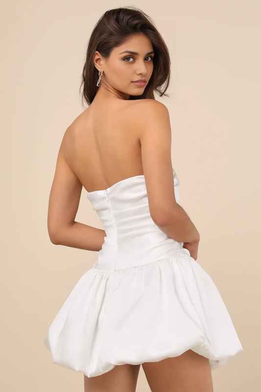 White Strapless Ruched Bubble-Hem Homecoming Dress