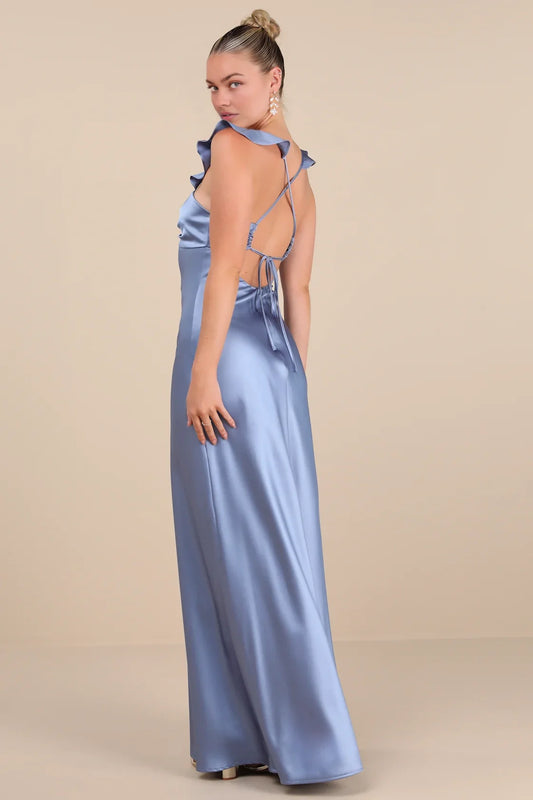 Dusty Blue Satin Ruffle-Strap Sweetheart Mermaid Formal Dress