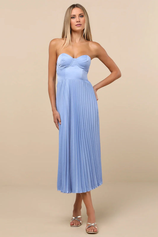 Light Blue Strapless Sweetheart Pleated Midi Dress