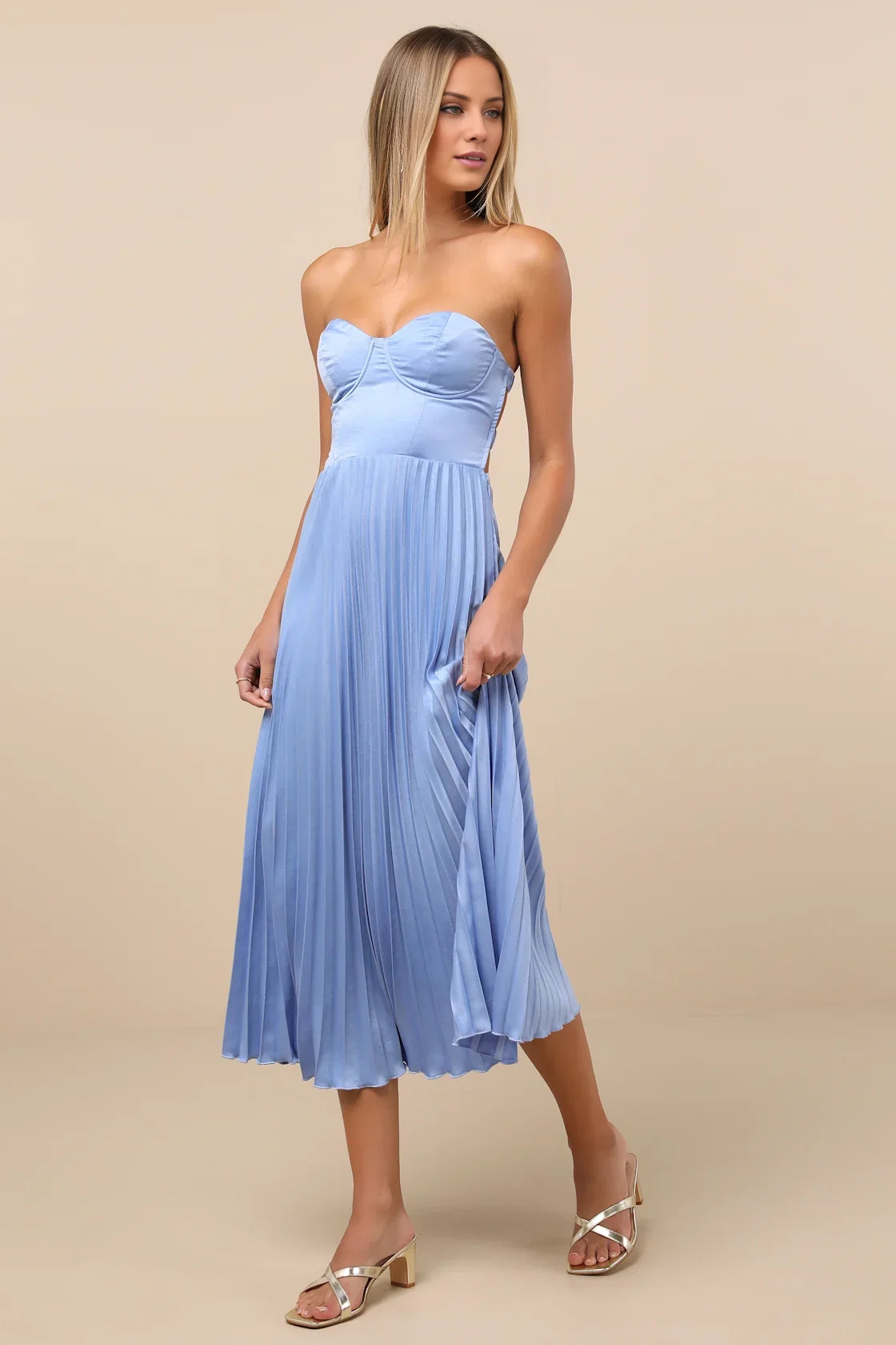 Light Blue Strapless Sweetheart Pleated Midi Dress