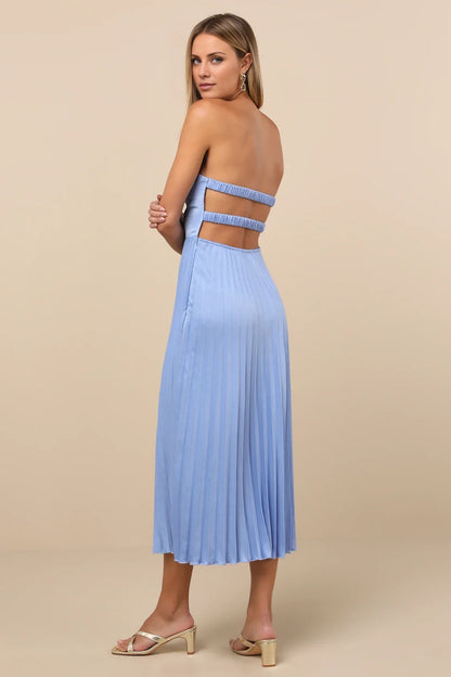 Light Blue Strapless Sweetheart Pleated Midi Dress