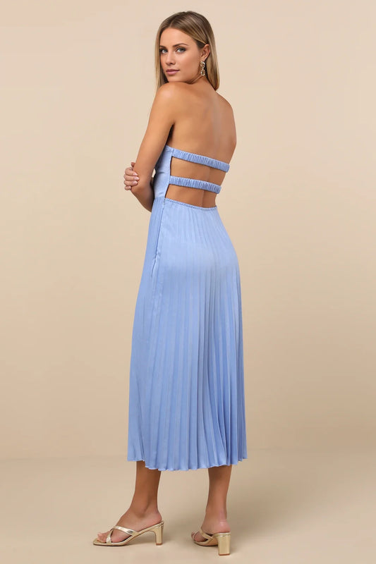 Light Blue Strapless Sweetheart Pleated Midi Dress
