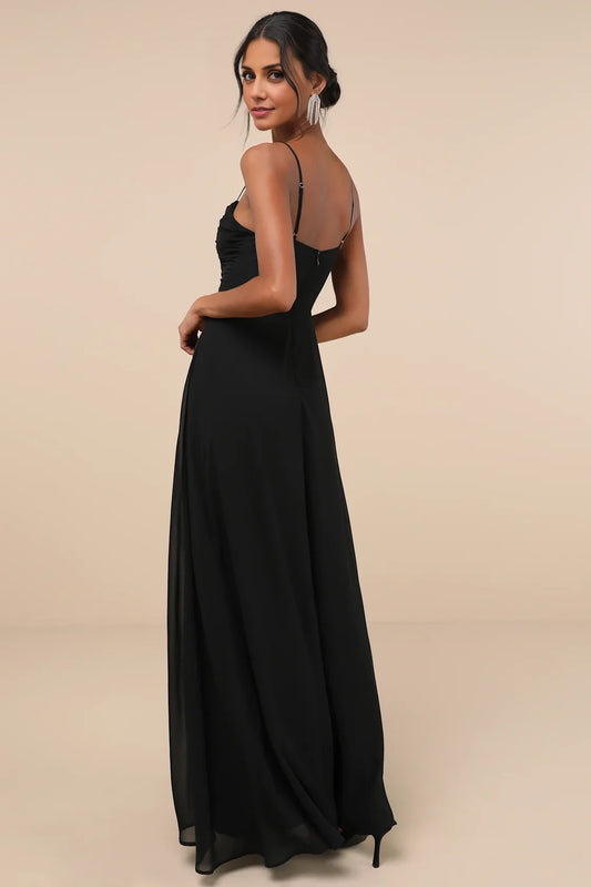 Black Spaghetti-Strap V-Notch High-Slit Chiffon Maxi Dress