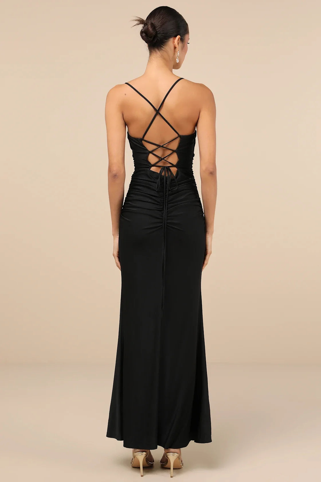 Black Satin Sweetheart Crisscross-Back Mermaid Maxi Dress