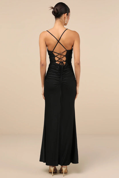 Black Satin Sweetheart Crisscross-Back Mermaid Maxi Dress