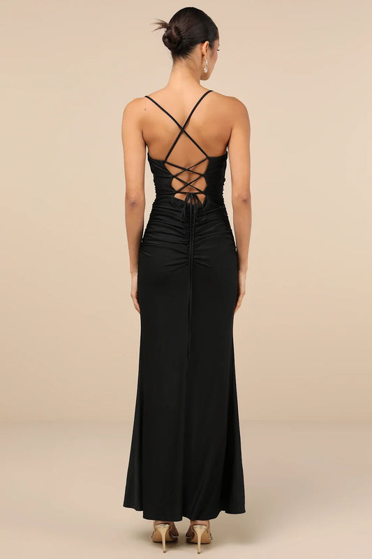 Black Satin Sweetheart Crisscross-Back Mermaid Maxi Dress