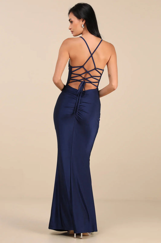Navy Blue Cowl Neck Lace-Up Back Satin Mermaid Maxi Dress