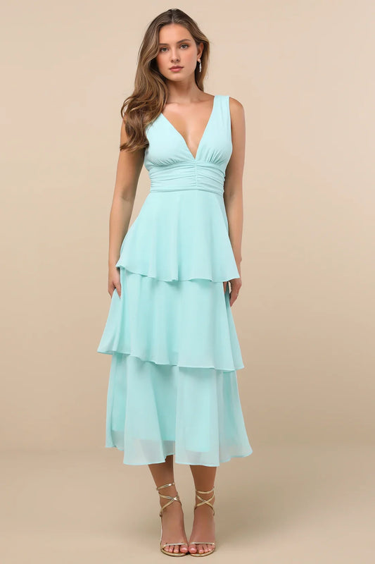 Elegant woven chiffon sleeveless layered mid length ruffle edge layered Homecoming Dresses
